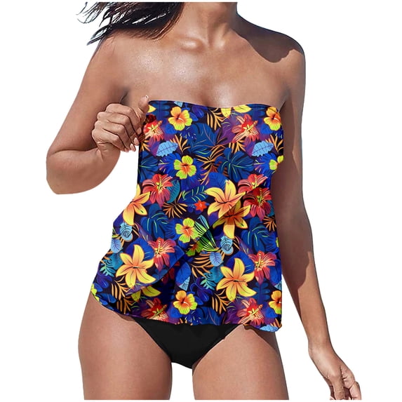 Taqqpue Two Piece Bandeau Tankini Swimsuits for Women Loose Blouson Swim Top with Bikini Bottom Tummy Control Bathing Suits Floral Strapless Swimwear Beach vacation clothes