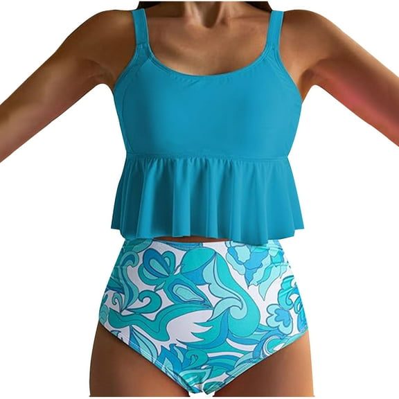 Taqqpue Two Piece Tankini Swimsuits for Women Ruffled Tank Top Tummy Control Floral Modest Swimwear High Waisted Bikini Spaghetti straps Modest Bathing Suits for Beach