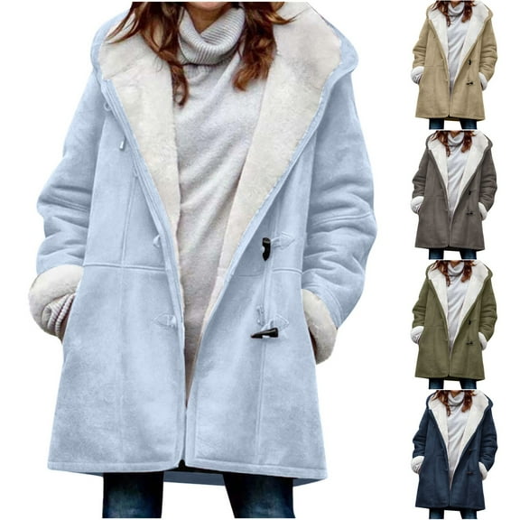Taqqpue Winter Coats for Women Warm Plus Size Fleece Lined Jackets Button Down Sherpa Fur Hooded Parka Peacoat Outerwear with Pocket