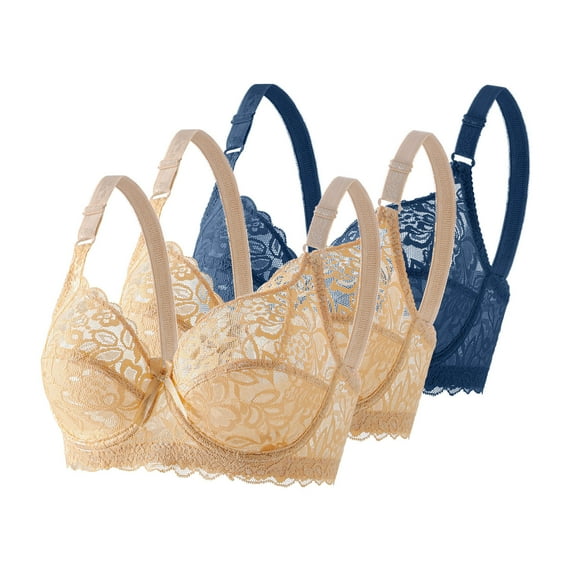Taqqpue Women 3 PC Bras Solid Color Floral Lace Deep V Bras Bralette Unlined Comfort Underwire Bras Everyday Bras