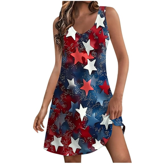 Taqqpue Women 4th of July Sleeeveless Dress Independence Day V Neck Tank Dresses Red White Blue Frock USA Flag Patriotic Dress Flowy Knee Length Sundress with Pockets