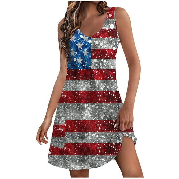 Taqqpue Women 4th of July Sleeeveless Dress Independence Day V Neck Tank Dresses Red White Blue Frock USA Flag Patriotic Dress Flowy Knee Length Sundress with Pockets