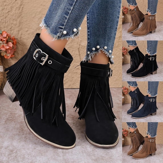 Taqqpue Women Ankle Boots Fall Winter Keep Warm Wide Calf Boots Round Toe Buckle Strap Tassel Decoration Mid-Heel Comfortable Ankle Boots for Women