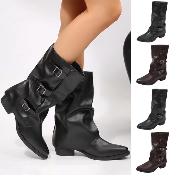 Taqqpue Women Ankle Boots Wide Calf Chunky Heel Short Boots Casual Walking Shoes Winter Versatile Plus-Size Pointed Toe Three-Buckle Mid-Heel Comfortable Mid-Calf Boots for Women