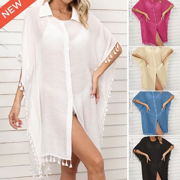 Taqqpue Women Bathing Suit Cover Up Tassel Swimsuit Coverup Batwing Sleeves Button Down Beach Cover Ups Dress Beach Wear Oversize Dress