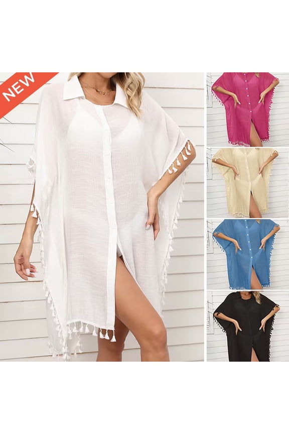 Women Bathing Suit Cover Up Tassel Swimsuit Coverup Batwing Sleeves Button Down Beach Cover Ups Dress Beach Wear Oversize Dress