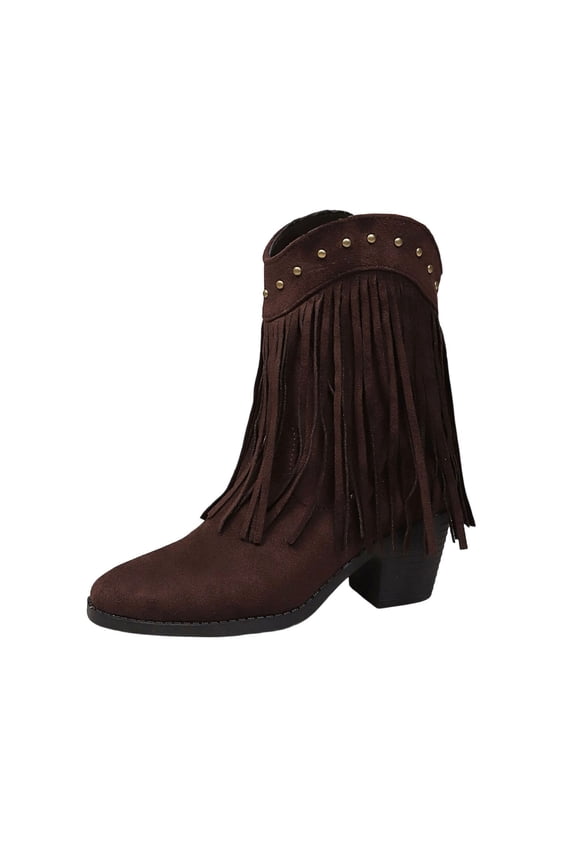 Women Boots Mid Calf Fringe Boots Casual Winter Solid Color Pointed Suede Tassel Sleeve Boots Thick Heel Mid-Heel Boots