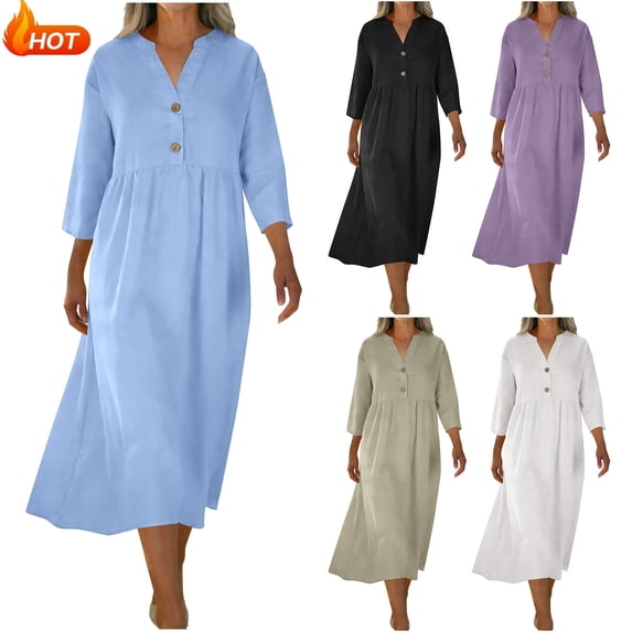 Taqqpue Women Button Down Dress Solid Color V Neck 3/4 Sleeve A Line Maxi Dress Loose Fit Plus Size Long Beach Sundress for Women