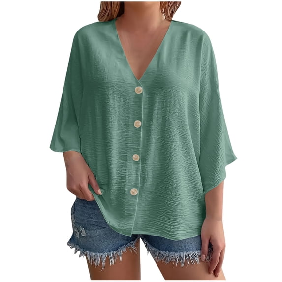 Taqqpue Women Button Down Shirt Plus Size Shirt 3/4 Sleeve Blouse Ladies Summer Casual V Neck Beach Tops