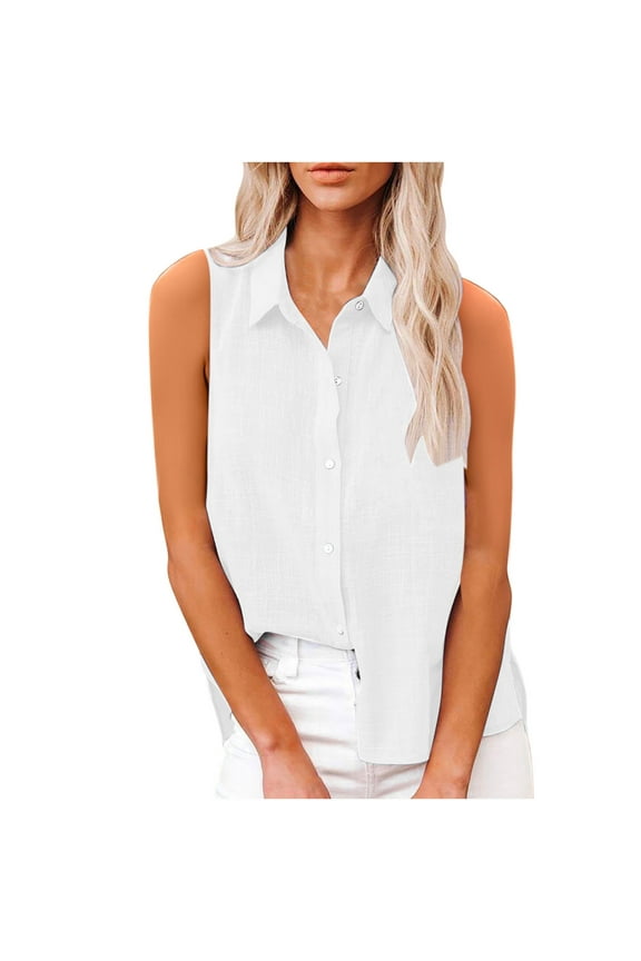 Women Button Down Shirts Cotton Linen Sleeveless Tops Casual Collared Loose Fit Blouse Summer Trendy Beach Tee Tops
