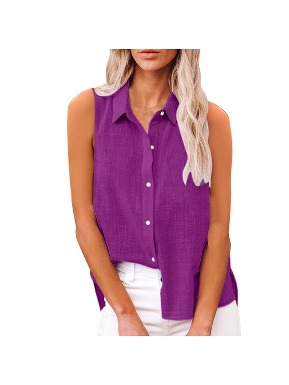 Womens Cotton Linen Tank Tops Solid Color V Neck Side Split Sleeveless Shirts Loose Fit Basic Casual Summer Basic Blouse Tops