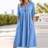 Taqqpue Women Button Down Dress Casual Solid Color 3/4 Sleeve V Neck Sundress Loose Fit Plus Size Beach Dress Flowy Swing A line Linen Maxi Dress with Pockets for Women
