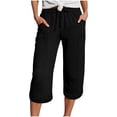 thumbnail image 1 of Taqqpue Women Capri Pants Solid Color Elastic Waist Drawstring Pants Loose Fit Straight Wide Leg Trousers with Pockets, 1 of 5