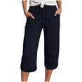 thumbnail image 1 of Taqqpue Women Capri Pants Solid Color Elastic Waist Drawstring Pants Loose Fit Straight Wide Leg Trousers with Pockets, 1 of 5