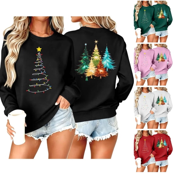 Taqqpue Women Christmas Sweatshirt Vintage Funny Xmas Tree Graphic Fleece Linend Pullovers Fall Winter Crewneck Oversized Long Sleeve Tops Ugly Christmas Sweater for Women