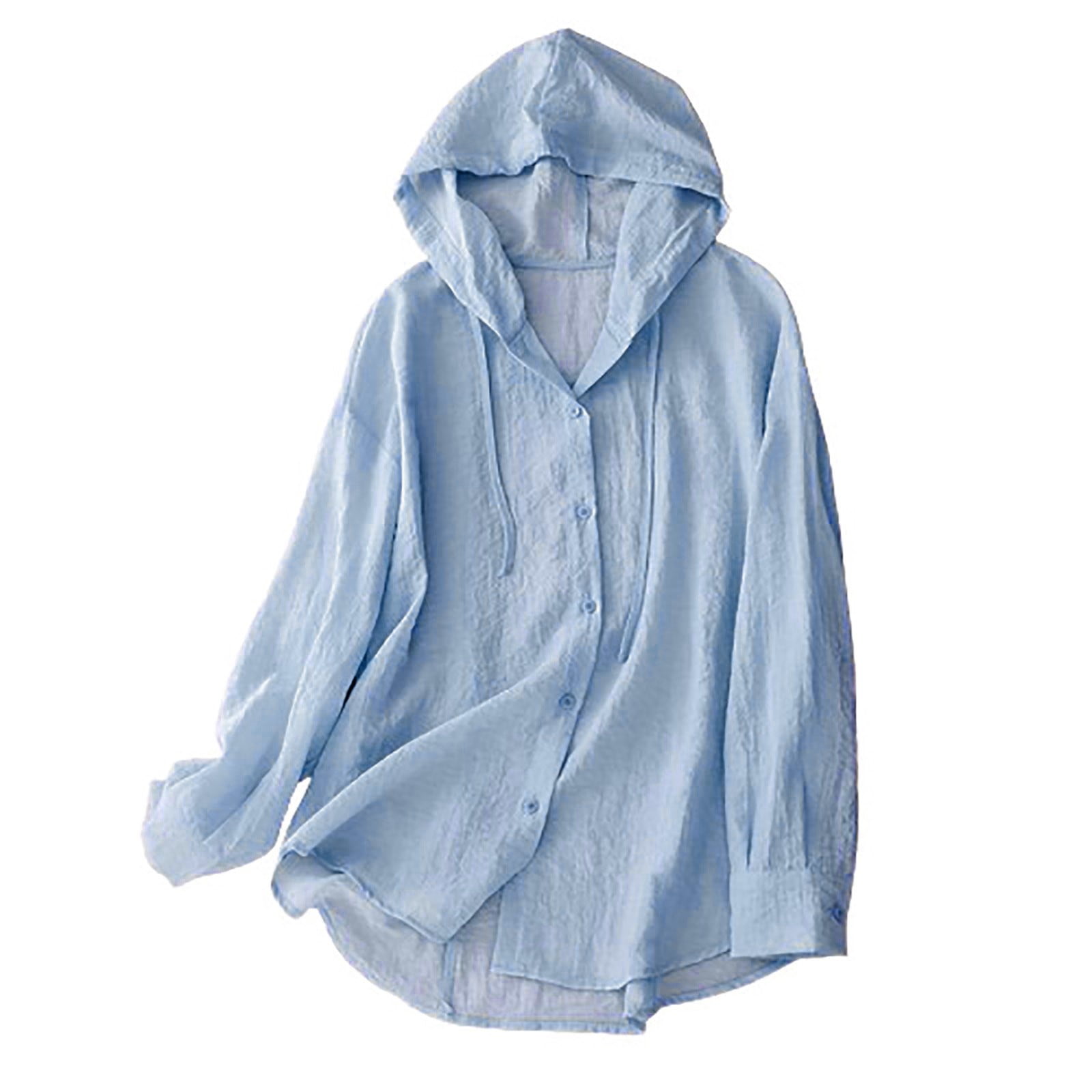 Taqqpue Women Cotton Linen Sun Protection Hoodie Shirt Solid Color Long ...