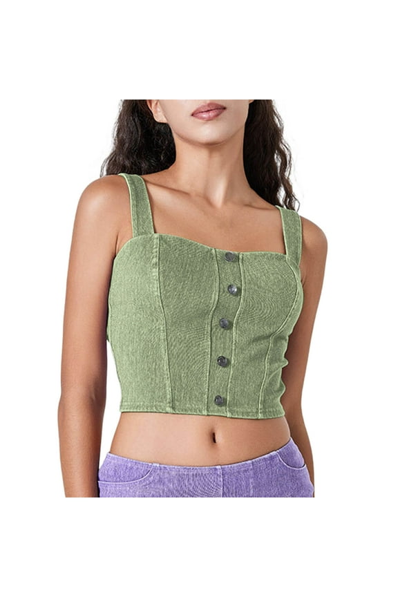Women Denim Crop Vest Y2k Button Down Sleeveless Built In Bra Top Jean Tank Top Slim Backless Corset Top Casual Vest