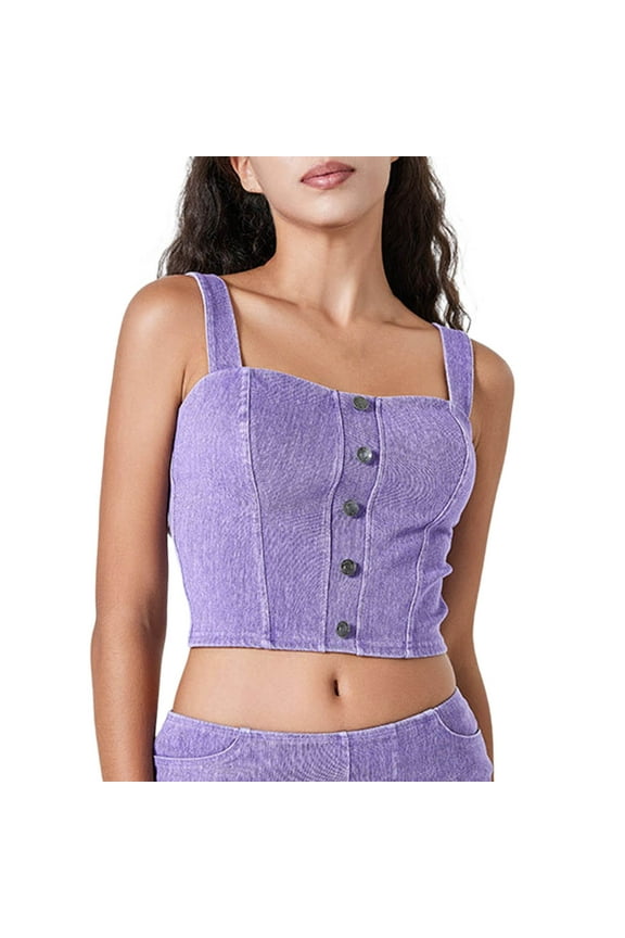 Women Denim Crop Vest Y2k Button Down Sleeveless Built In Bra Top Jean Tank Top Slim Backless Corset Top Casual Vest