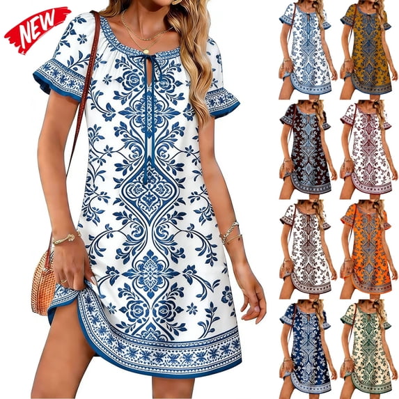Taqqpue Women Dress Casual Puff Sleeve Scoop Neck Midi Dress Loose Fit Plus Size Beach Vacation Sundress Casual Knee Length Boho Dress for Women