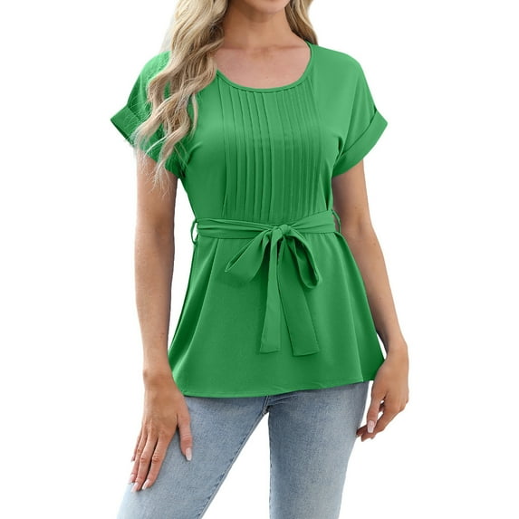 Taqqpue Women Dressy Casual Shirt Summer Short Sleeve Peplum Tops Tie Wrap Blouse Crew Neck Casual Cute Top Business Work Shirts