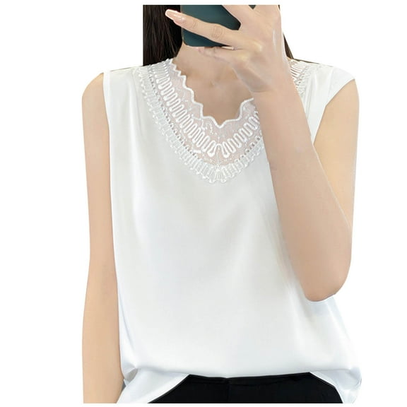 Taqqpue Women Embroidery Lace Tank Tops Sleeveless Lace Silk Satin Casual Top Elegant Dressy Cocktail Shirts Loose Fit Trendy Fashion Party Tank Tops
