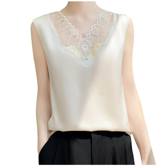 Taqqpue Women Embroidery Tank Tops Sleeveless Lace Silk Satin Casual Top Elegant Dressy Cocktail Shirts Loose Fit Trendy Fashion Party Tank Tops
