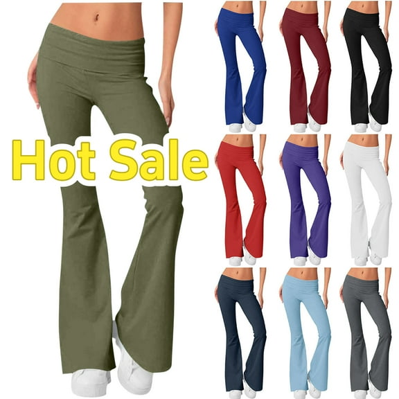 Taqqpue Women Flare Leggings Fold Over Bootcut Yoga Pants Solid Color Casual Y2K Lounge Athletic Pants Comfy Cotton Leggings Elastic Low Waist Sweatpants