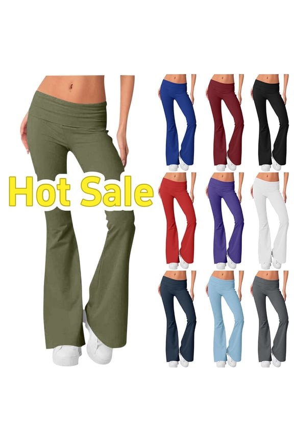 Women Flare Leggings Fold Over Bootcut Yoga Pants Solid Color Casual Y2K Lounge Athletic Pants Comfy Cotton Leggings Elastic Low Waist Sweatpants
