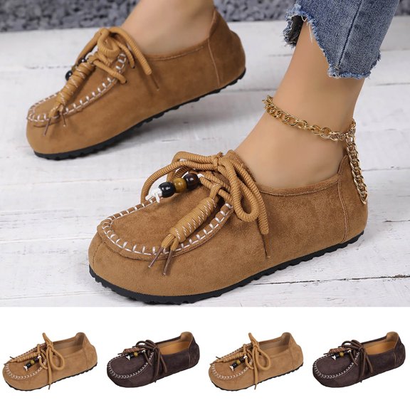 Taqqpue Women Flat Shoes Under 10 Women's Fashionable Casual Versatile Ethnic-Style Baotou-Style Heel-Covered Trendy Comfortable Flat Shoes for Women