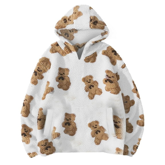 Taqqpue Women Fleece Hoodies Casual Bear Printed Hooded Sweatshirt Long Sleeve Shirts Fall Winter Keep Warm Oversize Pullover Tops with Pocket for Women