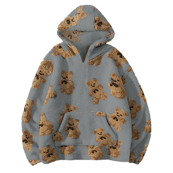 Taqqpue Women Fleece Hoodies Casual Bear Printed Hooded Sweatshirt Long Sleeve Shirts Fall Winter Keep Warm Oversize Pullover Tops with Pocket for Women