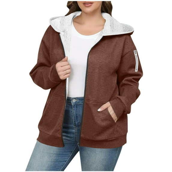 Taqqpue Women Fleece Hoodies Casual Solid Color Full Zip Hooded Jackects Fall Winter Warm Loose Fit Long Sleeve Oversized Sweatshirt Outwear with Pockets for Women