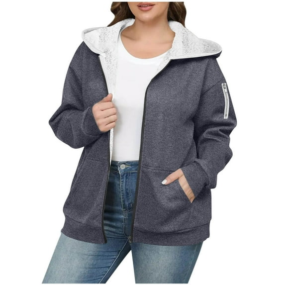Taqqpue Women Fleece Hoodies Casual Solid Color Lapel Full Zip Jackects Tops Fall Winter Loose Fit Warm Plus Size Outwear Coat with Pockets for Women