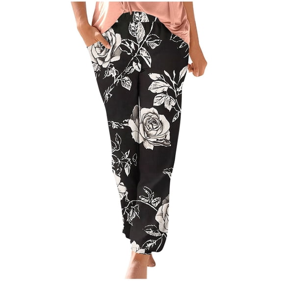 Taqqpue Women Floral Pants Casual Printed Elastic Waist Drawstring Pants Loose Fit Plus Size Trousers for Women