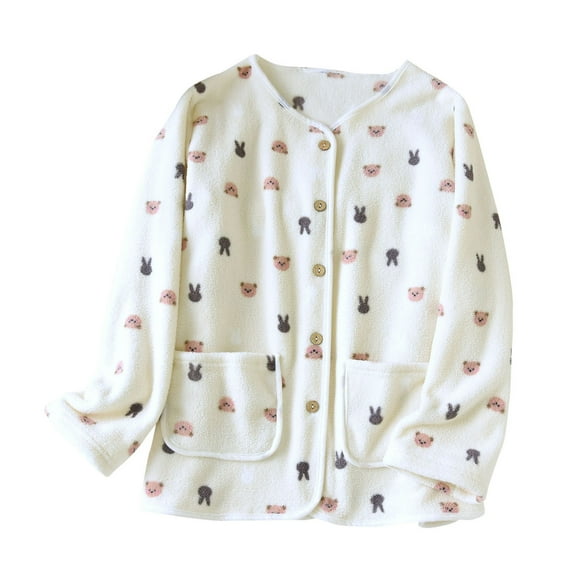 Taqqpue Women Fluffy Pajama Tops Plush Button Down Sleepwear Fuzzy Fleece Jacket Long Sleeve Warm Winter Coat with Pockets
