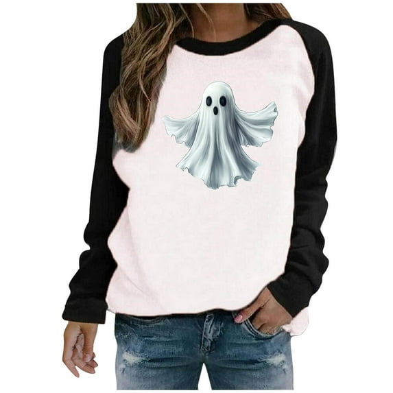 Taqqpue Women Halloween Ghost Sweatshirt Loose Fit Cute Crewneck Halloween Pullover Top Fall Winter T Shirts Casual Spooky Long Sleeve Shirts