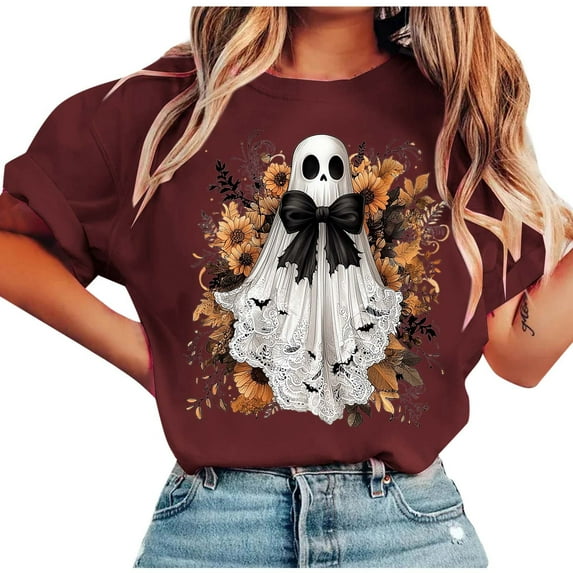 Taqqpue Women Halloween Shirts Casual Printed Short Sleeve Crewneck T Shirts Blouse Tops Loose Fit Plus Size Cotton Pullover Tops for Halloween