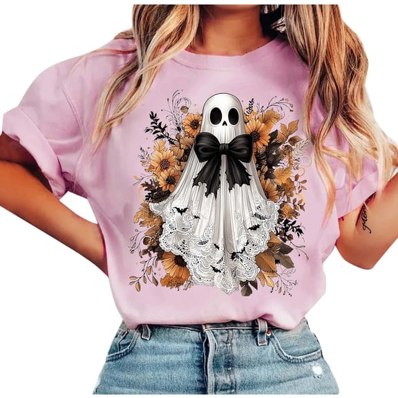 Taqqpue Women Halloween Shirts Casual Printed Short Sleeve Crewneck T Shirts Blouse Tops Loose Fit Plus Size Cotton Pullover Tops for Halloween