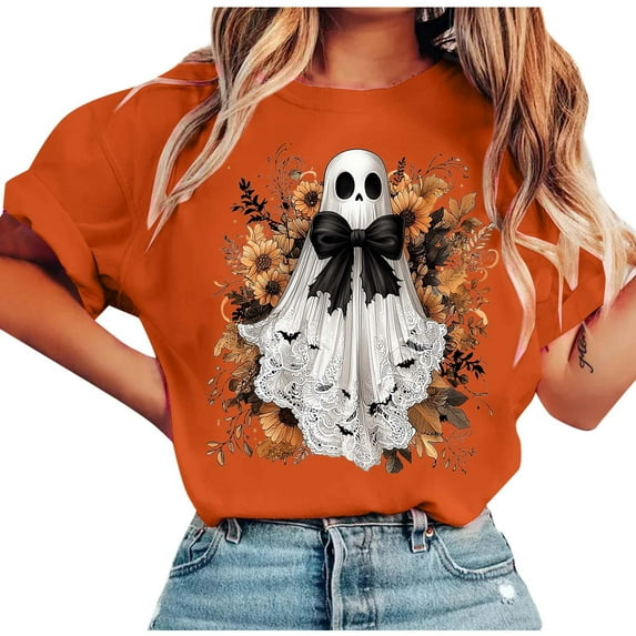 Taqqpue Women Halloween Shirts Casual Printed Short Sleeve Crewneck T Shirts Blouse Tops Loose Fit Plus Size Cotton Pullover Tops for Halloween