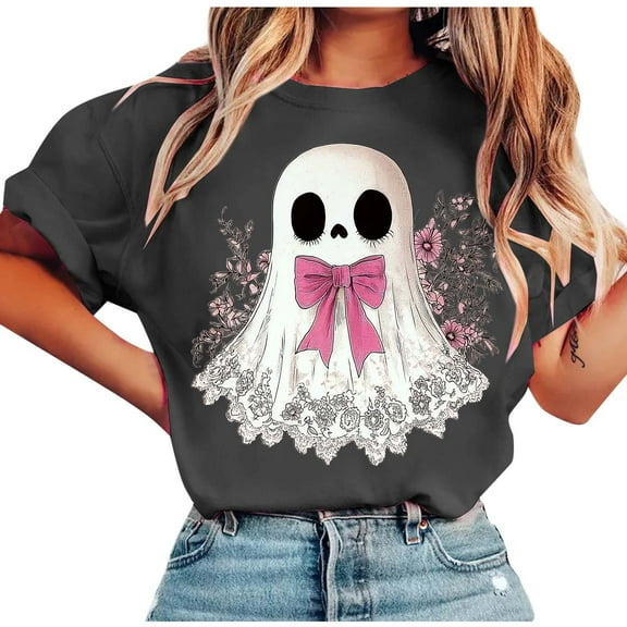 Taqqpue Women Halloween Shirts Casual Printed Short Sleeve Crewneck T Shirts Cotton Blouse Tops Loose Fit Plus Size Pullover Tops for Halloween