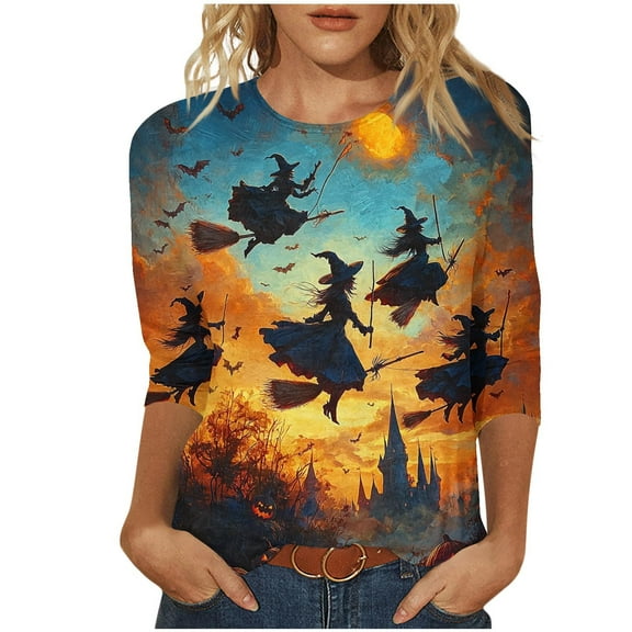 Taqqpue Women Halloween Sweatshirts Casual Halloween Printed Round Neck Long Sleeve Shirts Fall Winter Loose Fit Plus Size 3/4 Sleeve Pullover Tops for Women
