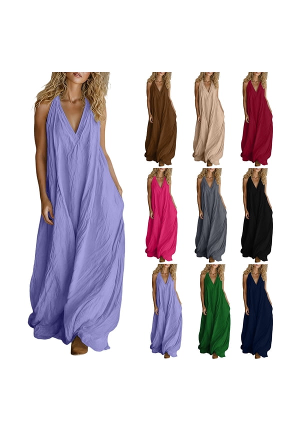 Women Halter Maxi Dress Sleeveless V Neck Plus Size Sundress Loose Fit Flowy Swing Solid Color Beach Long Dress for Women