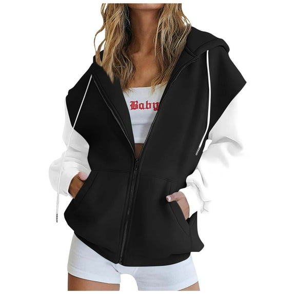 Taqqpue Women Hooded Jacket Casual Color Block Drawstring Zip Up Sweatshirt Jacket Loose Fit Plus Size Hoodies Outerwear with Pockets