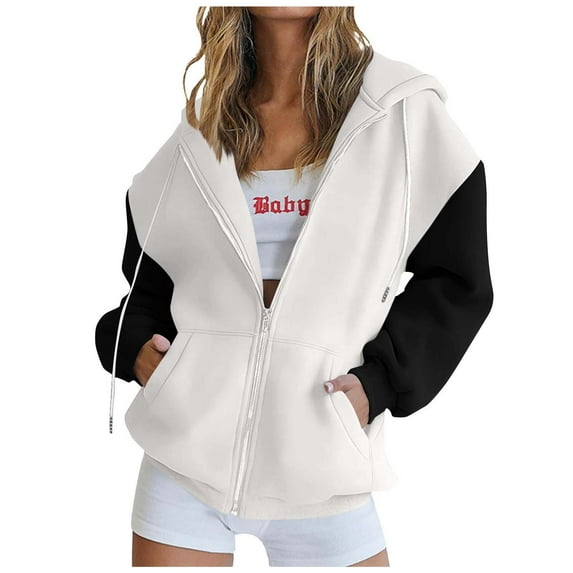 Taqqpue Women Hooded Jacket Casual Color Block Drawstring Zip Up Sweatshirt Jacket Loose Fit Plus Size Hoodies Outerwear with Pockets