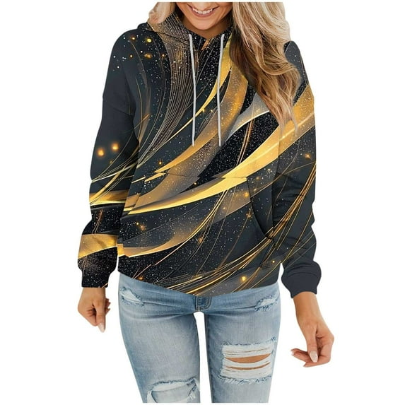 Taqqpue Women Hoodies Casual Print Crew Neck Drawstring Long Sleeve Hooded Pullover Shirts Fall Winter Loose Oversized Y2k Sweatshirts Tops with Pockets for Women