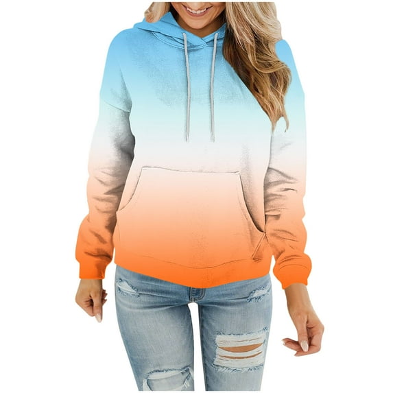 Taqqpue Women Hoodies Fall Gradient Color Crew Neck Drawstring Hooded Pullover Tops Casual Loose Oversized Y2k Long Sleeve Sweatshirts with Pockets for Women