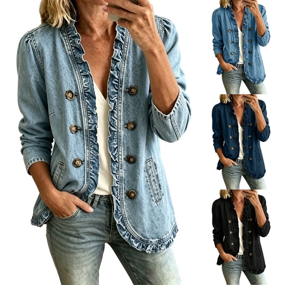 Taqqpue Women Jacket Plus Size Women Solid Ruffle Denim Jacket Open Front Double Button Down Light Casual Long Sleeve Coat With Pockets