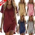 thumbnail image 1 of Taqqpue Women Linen Dress Casual Solid Color V Neck Knee Length Sundress Beach Vacation Plus Size T Shirt Dress Midi Dress for Women, 1 of 7