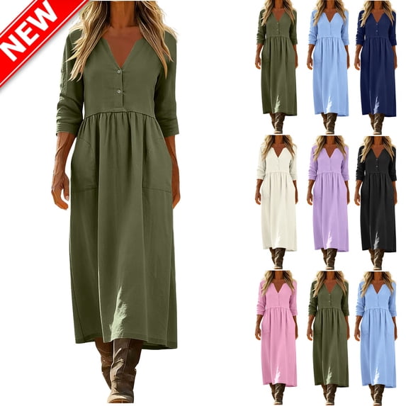 Taqqpue Women Linen Dress Summer Casual Solid Color 3/4 Sleeve V Neck A Line Dress Beach Vacation Sundress Loose Fit Plus Size Midi Dress for Women