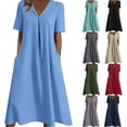 thumbnail image 1 of Taqqpue Women Linen Dress V Neck Short Sleeve Sundress Loose Fit Casual Beach Vacation A Line Dress Solid Color Plus Size Dresses with Pockets for Women, 1 of 7